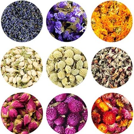 TooGet Flower Petals and Buds Includes Lavender, Forget-me-not, Marigold, Jasmine, Scindapsus aureus Flower, Albizia julibrissin, Rose, Gomphrena globosa, Strawflower, Kinds of Crafts