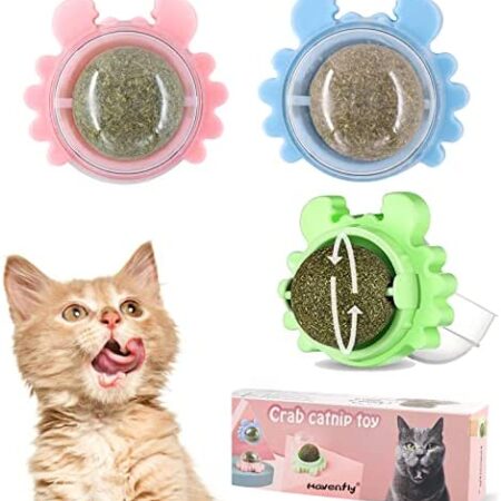 Havenfly 3 Catnip Balls Toy for Cats, 360°Rotatable Natural Edible Healthy Self-Adhesive Cat Nip Wall Mounted Treats, Cat Chew Toys, Help Cats Teeth cleaning, Relieve Stress, Removal Hairball