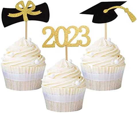 Graduation Cupcake Toppers 2023, 48 PCS Graduation Decoration, Class of 2023 Food Appetizer Picks, Graduation Party Supplies Mini Cake Toppers/Decorations, Grad Cap Set (Black & Gold)