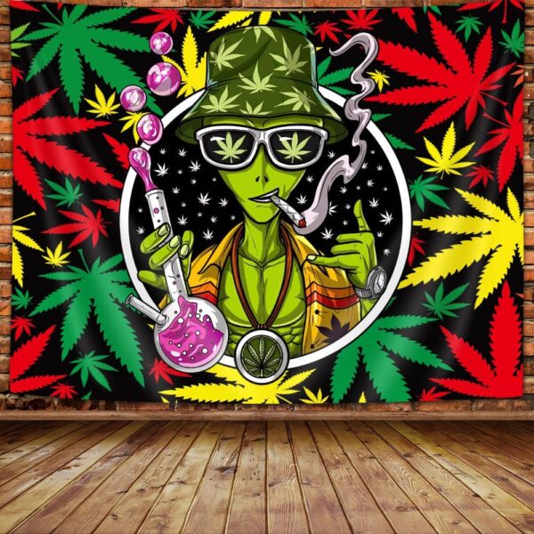 Wathon Trippy Weed Marijuana Tapestry Cool Alien Marijuana Leaf Wall Tapestry for Bedroom, Psychedelic Tie Dye Stoner Tapestries for Men Aesthetic Hippie Wall Art Poster for Dorm Home Decor 60X40IN
