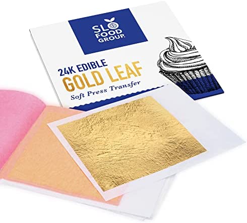 24 Karat Edible Gold Leaf by Slofoodgroup (25 Lightly attached sheets on Transfer backing per book) 3.15 in x 3.15in Soft Press Transfer Leaf Sheets