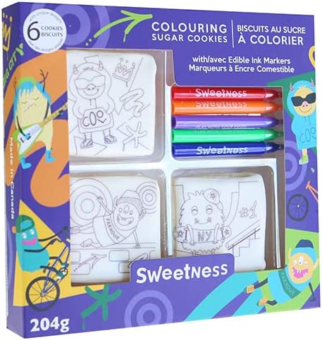 Sweetness Colouring Sugar Cookie Kit (Cool Monsters) | 6 Delicious Sugar Cookies & 5 Food Colouring Markers | Prep, Mess, and Chaose Free Cookie Decorating | 204g per kit