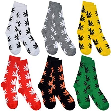 Tongcloud 6 Pairs Weed Leaf Printed Cotton Socks Unisex Maple Leaf Printed Socks for Women Adult and Teenagers